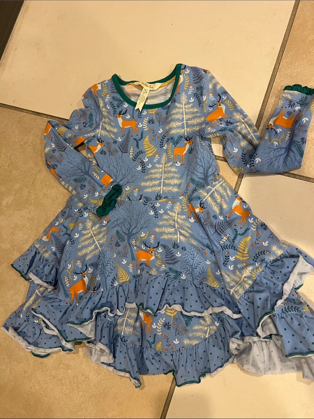 Matilda Jane Blue Deer Print Ruffle Nightgown with Green Trim